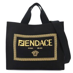 FENDI FENDACE 2way Tote Shoulder Bag Canvas Black Gold 7VA558 90249974